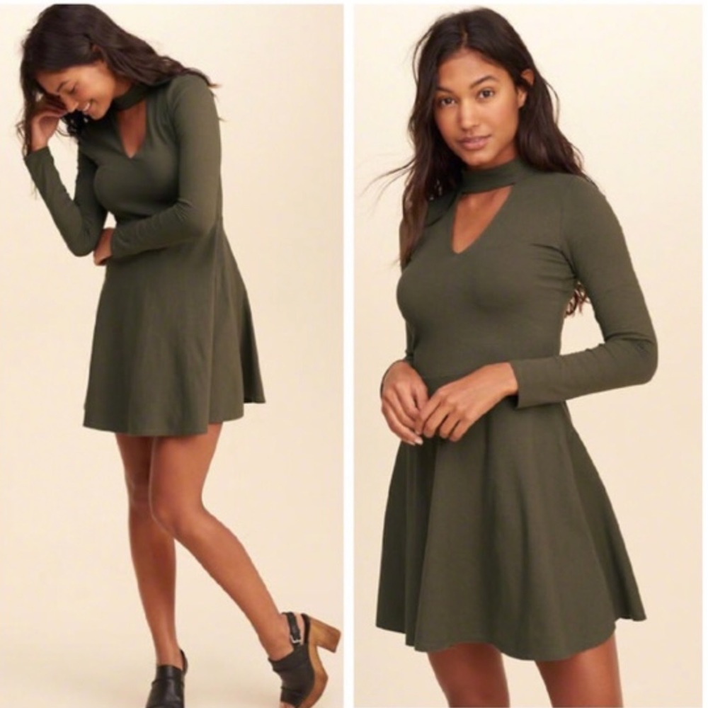 Olive Green Keyhole Skater Dress